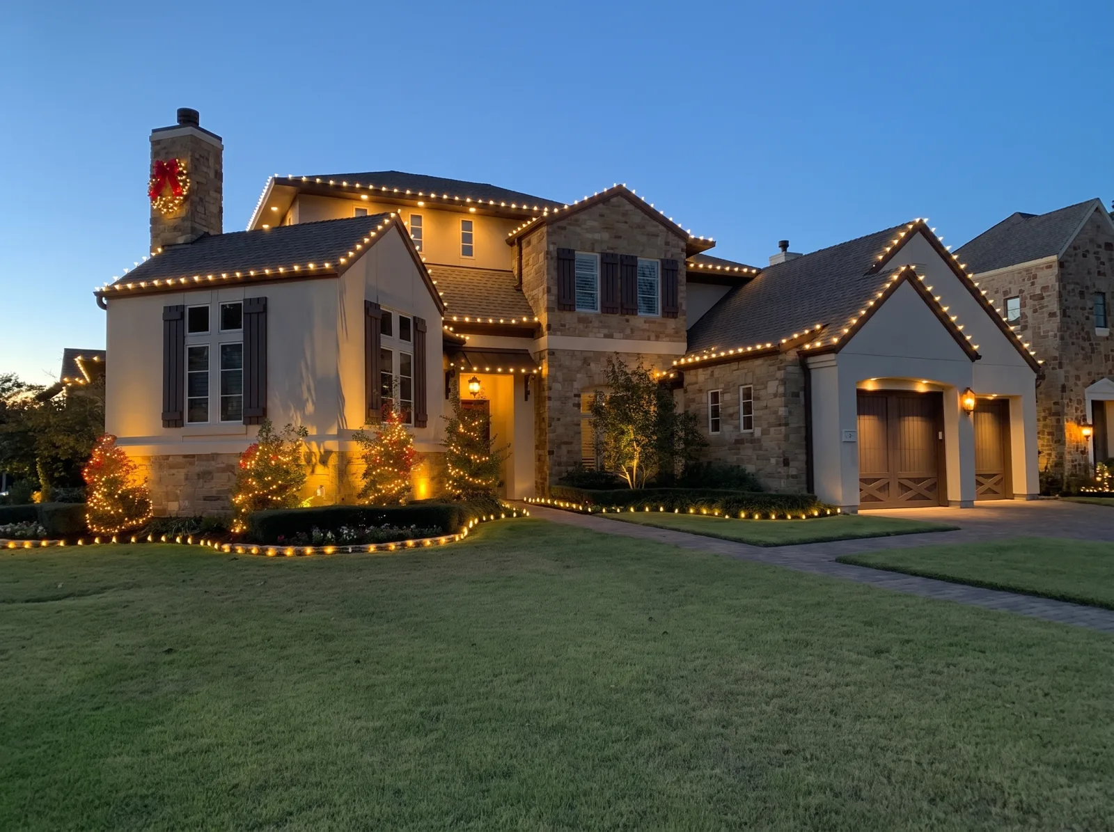 A stone-and-stucco Houston home at dusk with warm-white roofline lights, wrapped shrubs, and a wreath on the chimney