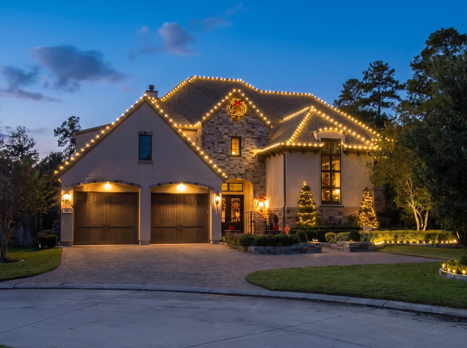 A two-story Houston home at dusk with a full warm-white Christmas roofline and lit front landscape