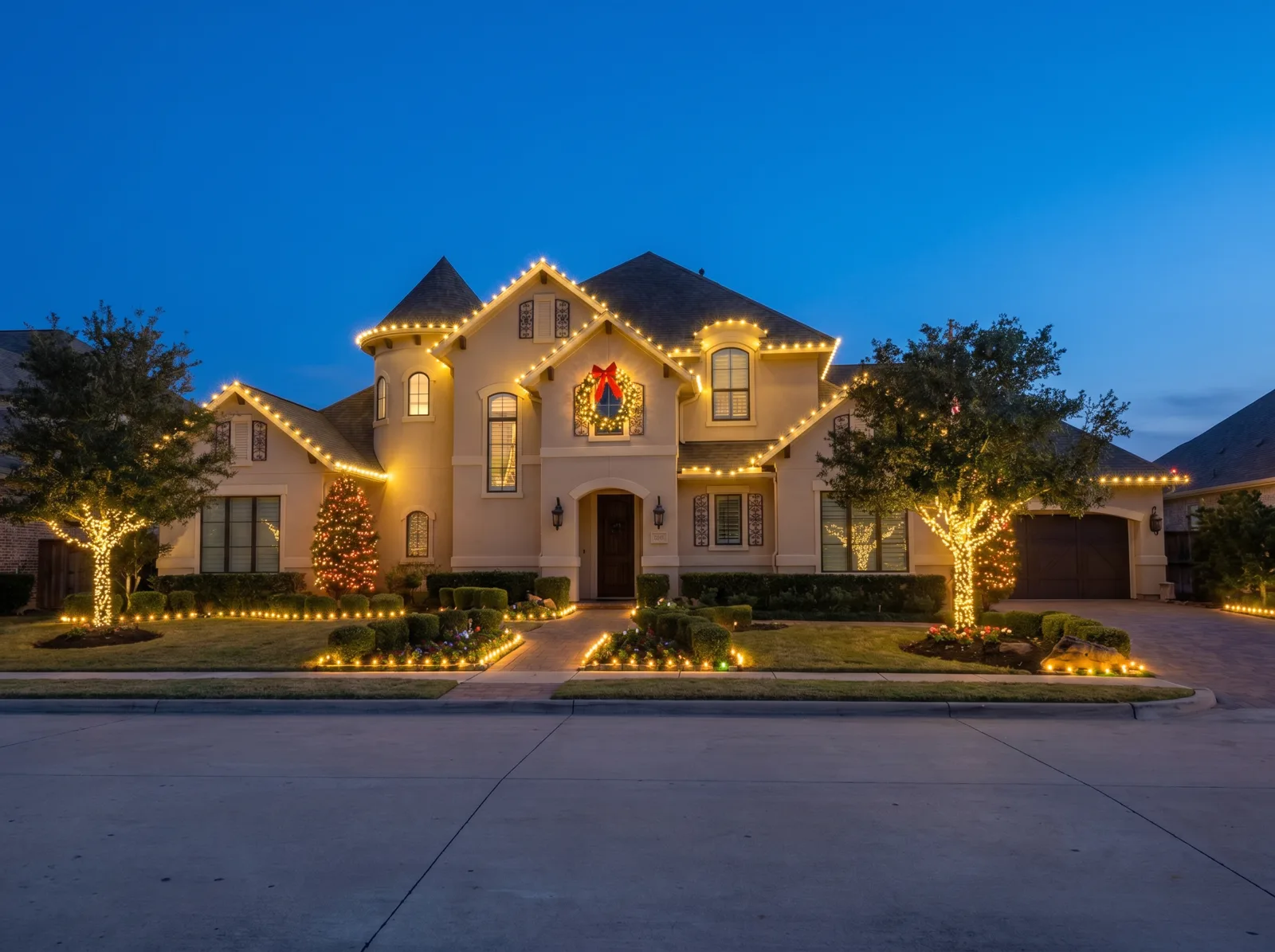 A corner-lot Houston home with warm-white Christmas lights tracing every roofline and the landscape beds
